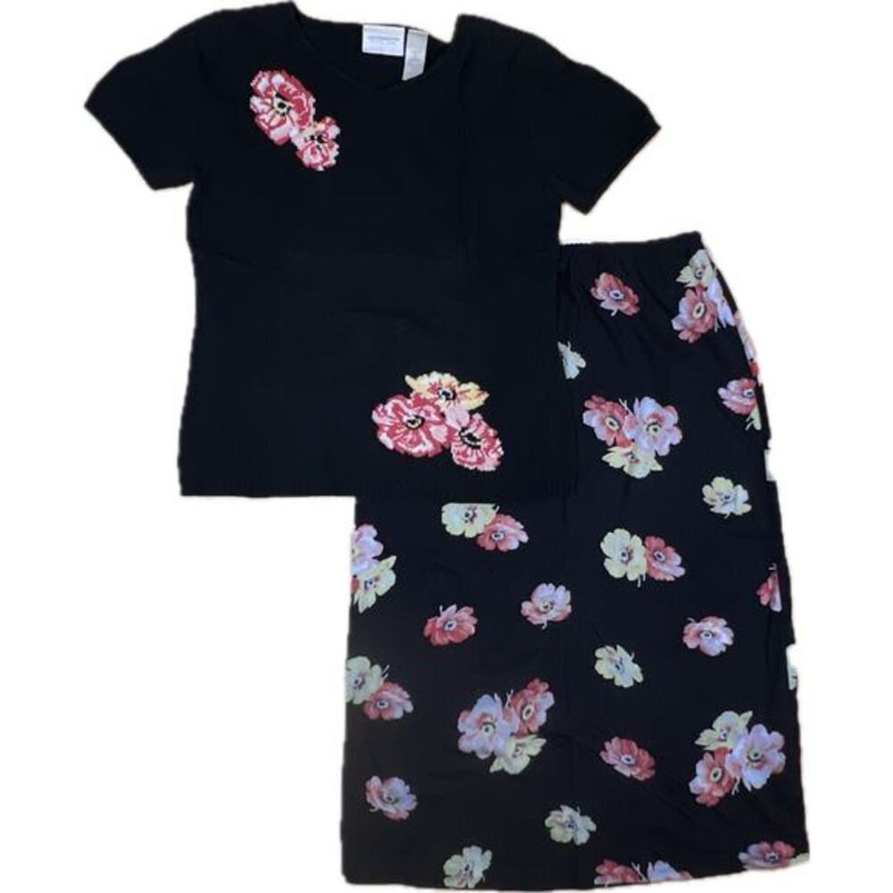 VTG Liz Claiborne Floral Skirt Set Womens Petite S Black Cotton Cottagecore 90s